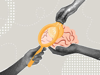 illustration of hands holding magnifying glass and lightbulb over brain